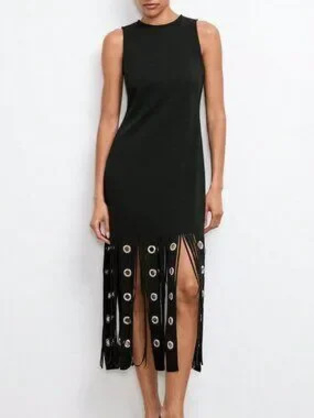 Black Elegant Women's Chic Tassel Hem Round Neck Sleeveless Dress